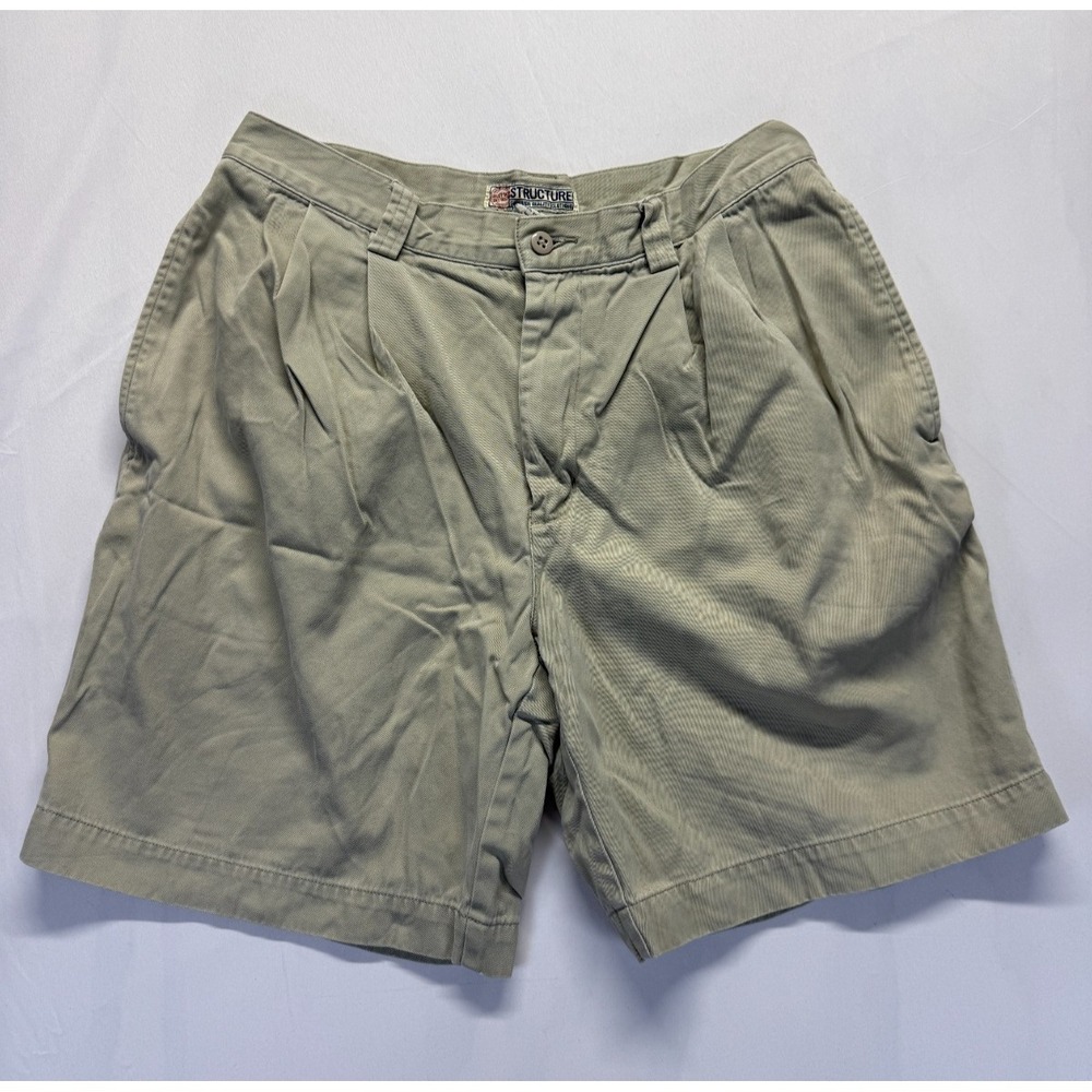 Vintage Structure Chino Shorts Mens 34 Khaki Cotton Twill Pleated Front Casual